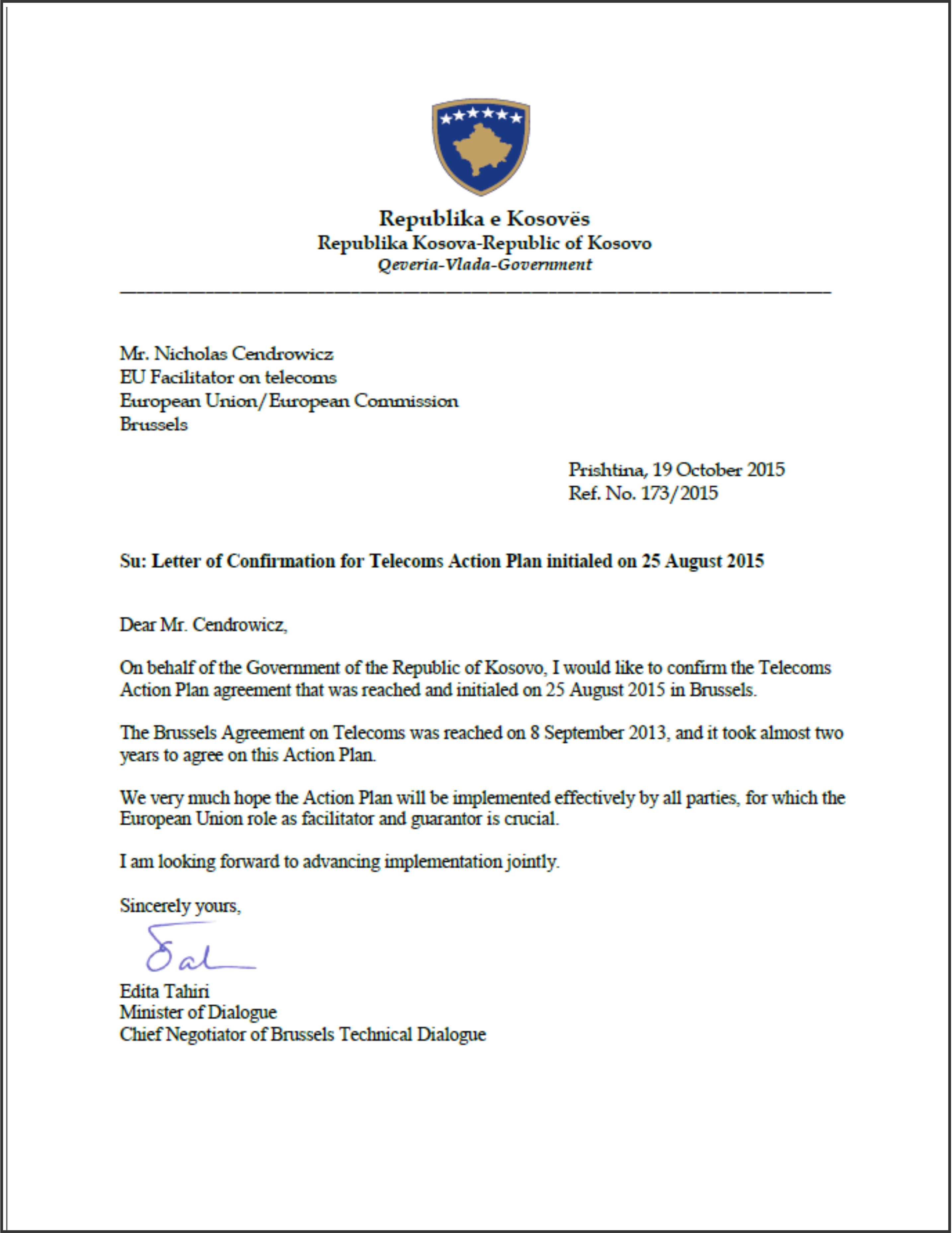 Official Letter from Minister Tahiri - The Dialogue